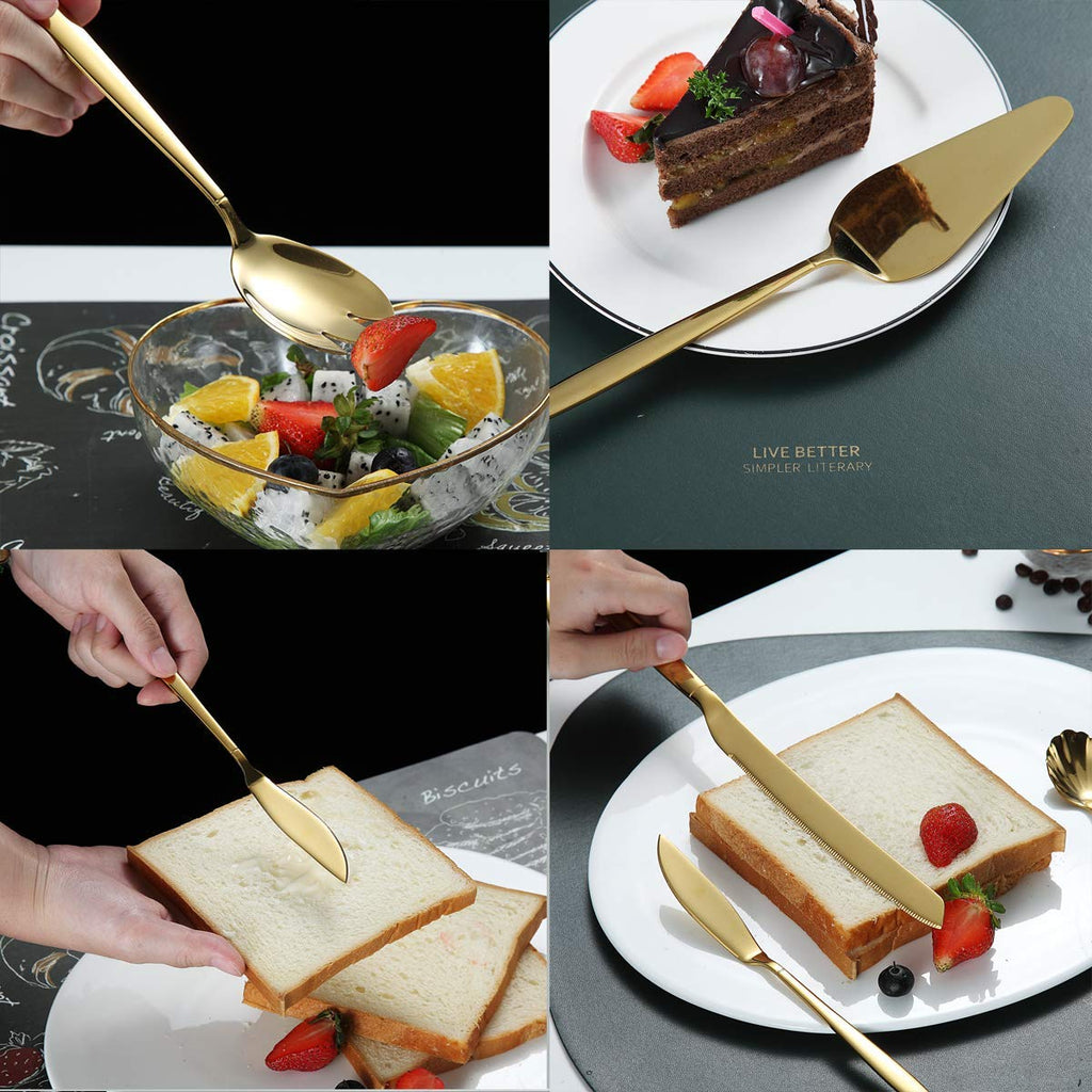 Gold Serving Utensils 10 Pieces, Titanium Golden Plating Serving Spoons, Included Cake Knife Cake Server Serving