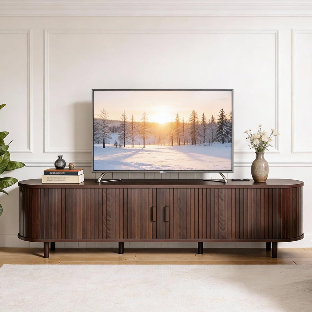 70" Mid Century Modern TV Stand, Wood TV Consoles with Sliding Doors and Power Outlet, Entertainment Center with