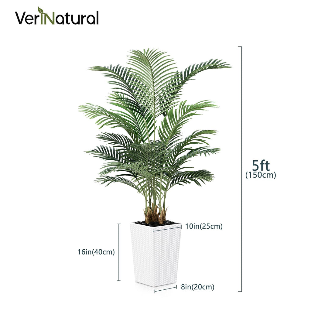 5FT Artificial Palm Tree - Tall Fake Tree with White Taper Planter & Pebbles, UV Resistant for Indoor & Outdoor Decor