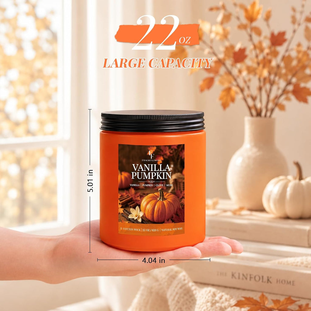 Large Fall Candle Vanilla Pumpkin Scented, 3-Wick 22oz Long Lasting - Set of 22