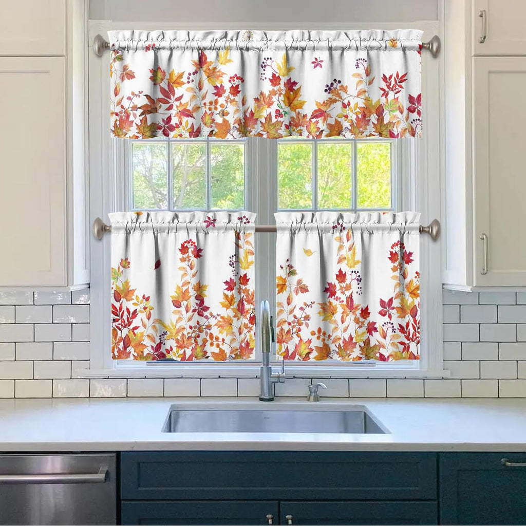 Fall Thanksgiving Kitchen Curtain Valance 3 Piece Set, Autumn Maple Leaf Berry Kitchen Decor, Thanksgiving Fall