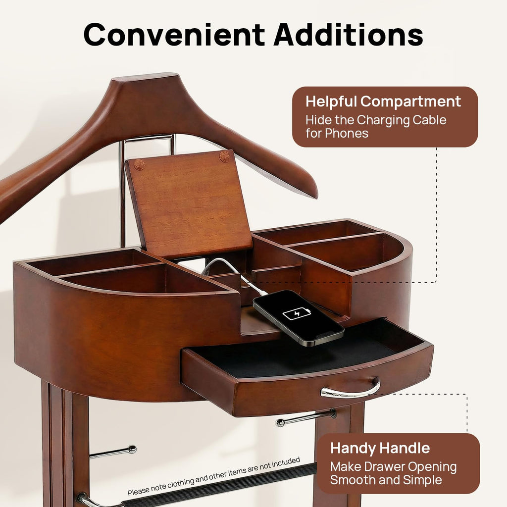 Wood Suit Rack Stand Clothes Valet Suit with Drawer Top Tray Organizer