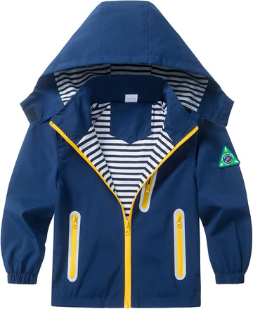 Boys Rain Jacket with Detachable Hood Lightweight Raincoats for Kids