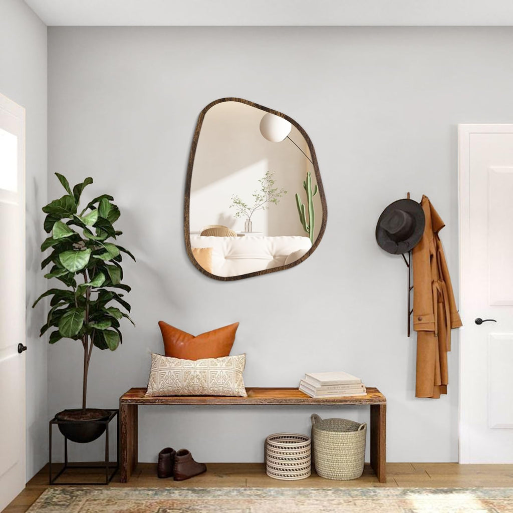 Asymmetrical Mirror Irregular Oval Wall Mirror Modern Wood Frame Unique Shape Wall Mounted Vanity Artistic Mirror