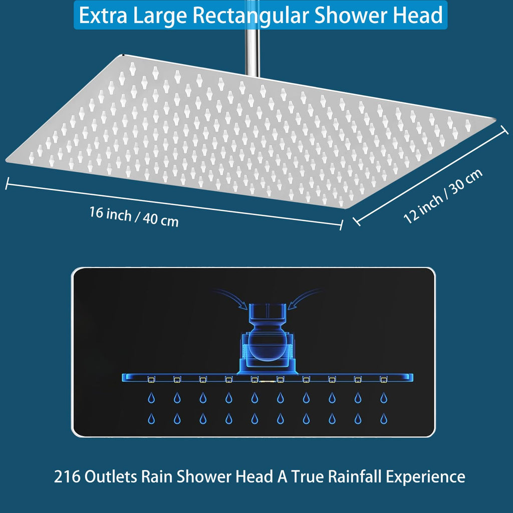 Extra Large Rain Shower Head, High Flow Stainless Steel 16 * 12 Inch Rectangle Rainfall Shower, Waterfall Bath Shower