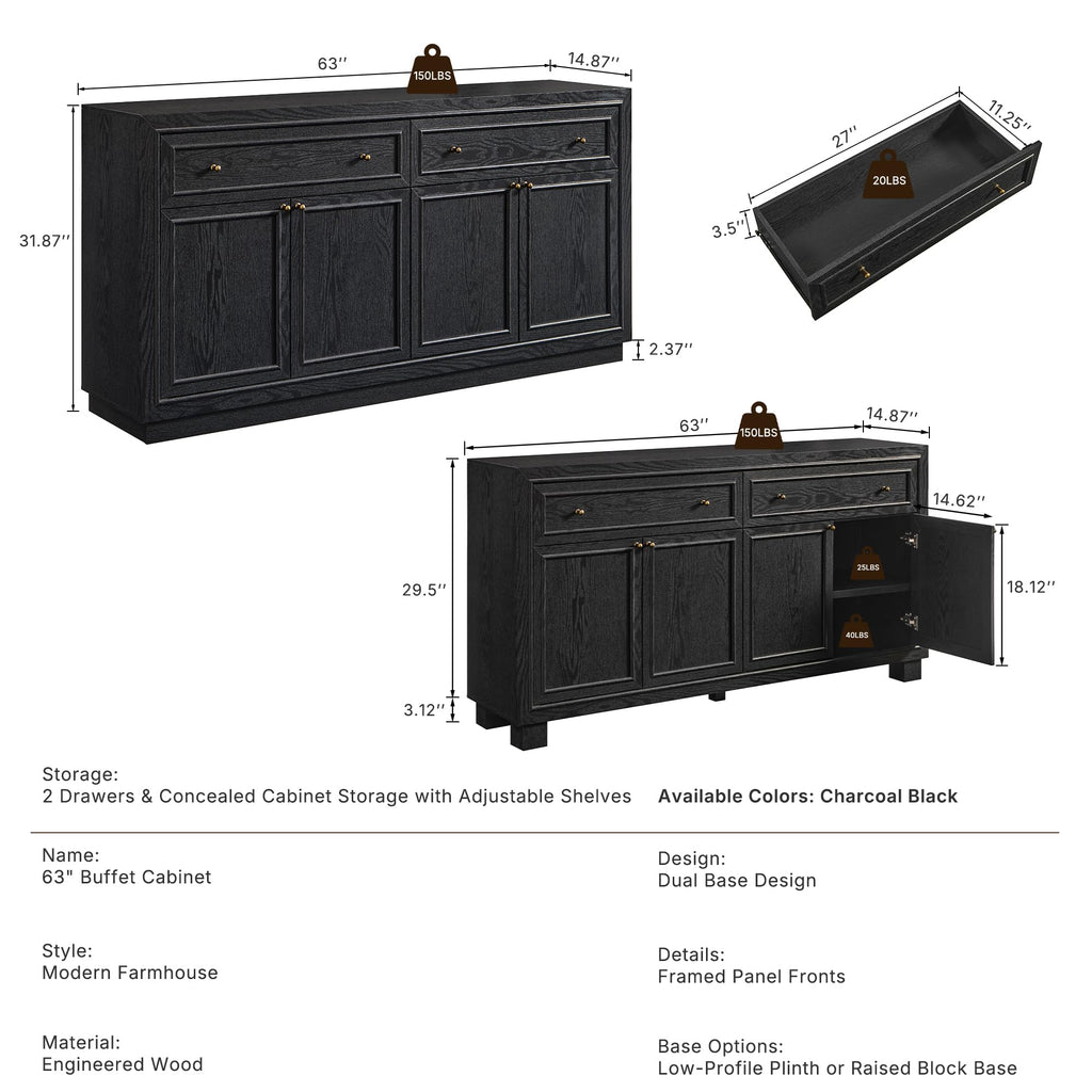 63" Modern Farmhouse Buffet Cabinet with Storage, Charcoal Black
