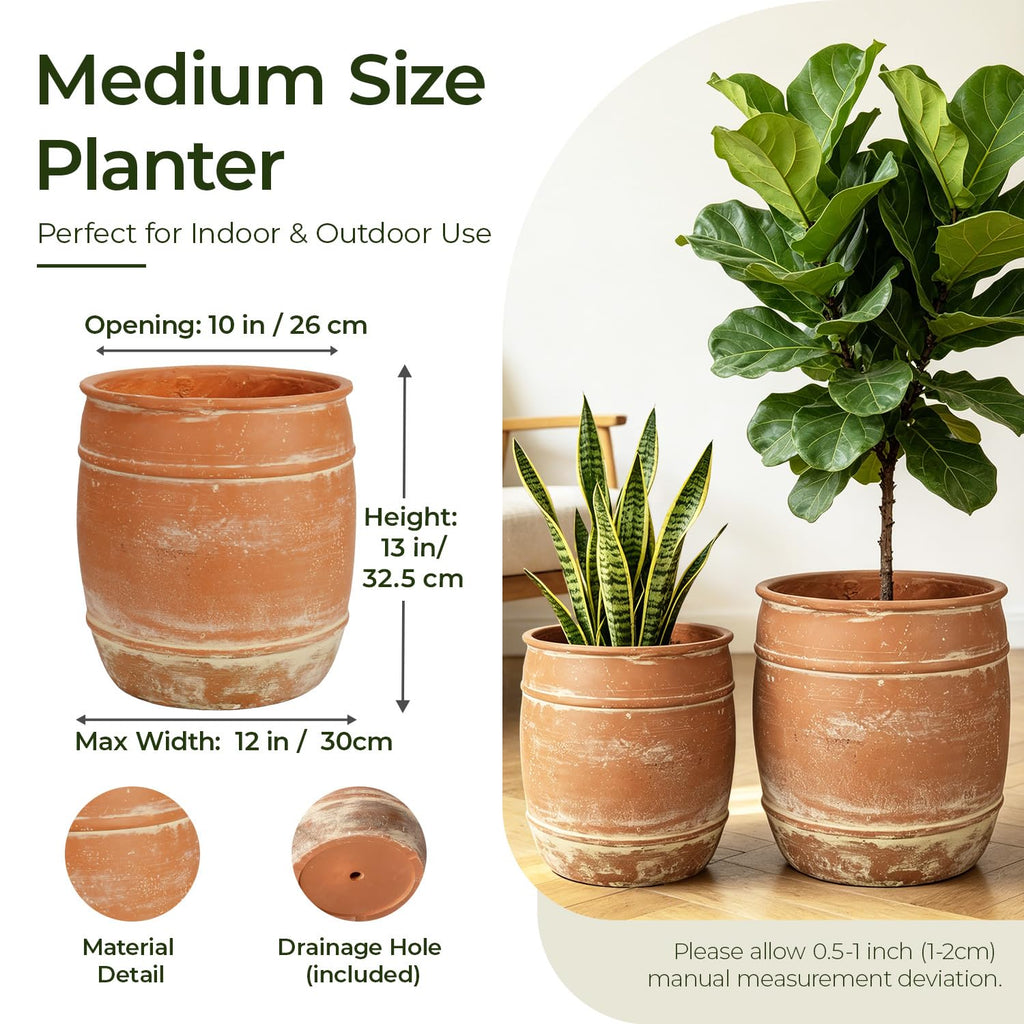 13"H x 12" Dia Aged Terracotta Planter Pot with Drainage Hole, Rustic Vintage Flower Pot for Indoor Outdoor Plants