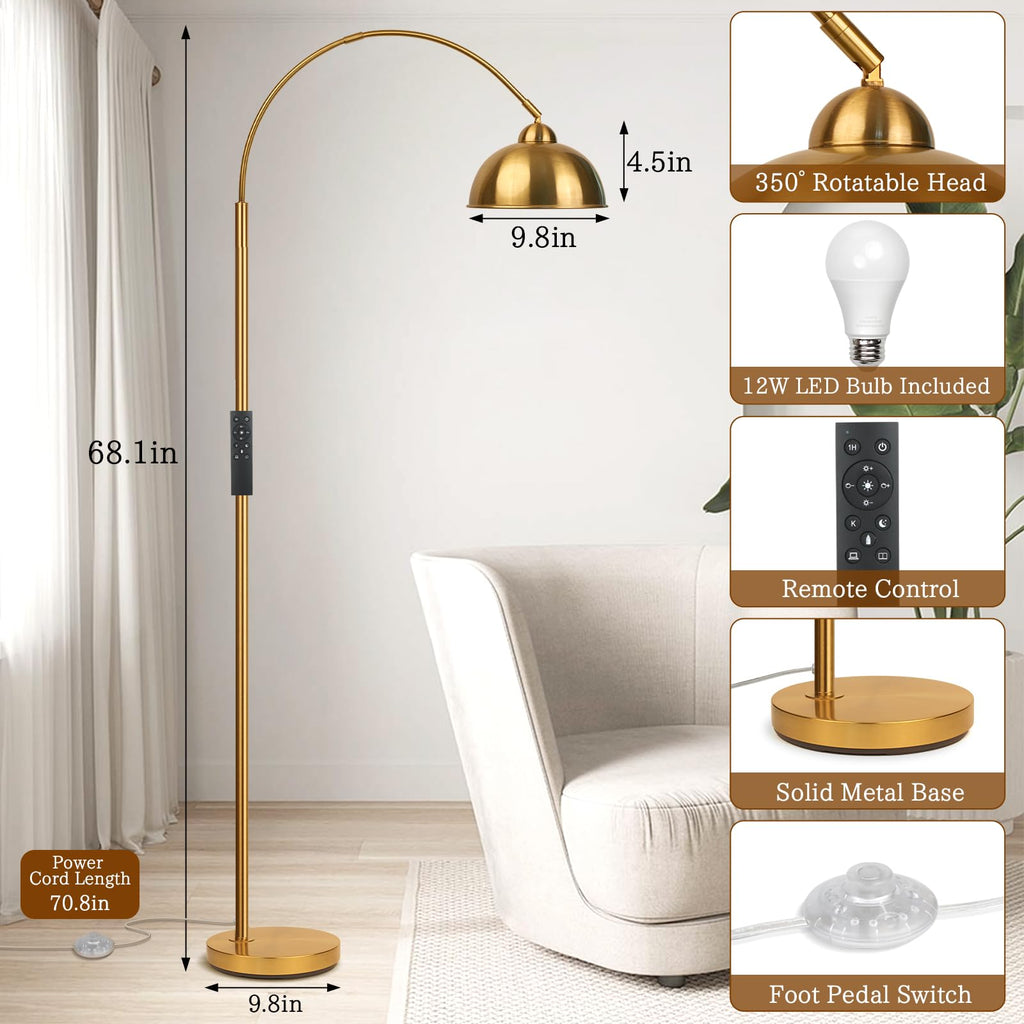 Modern Arc Floor Lamp with Remote Control 12W Stepless Dimmable Arched Standing Lamp, Adjustable Metal Hanging Shade