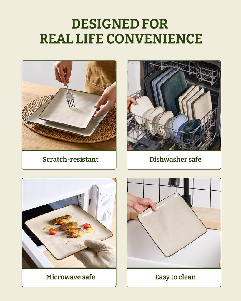 Square Ceramic Dinnerware Set for 4, Plates and Bowls, Light khaki
