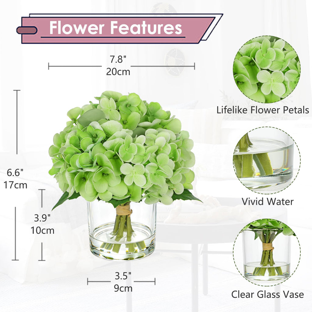 Real Touch Green Hydrangea Artificial in Vase Small Faux Hydrangea Arrangements Silk Hydrangeas Fake Flower with