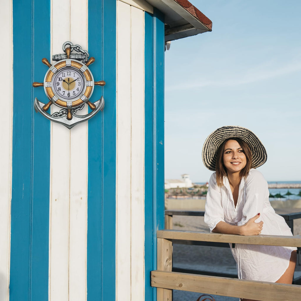 Anchor Clock- Nautical Ship Wheel Rudder Outdoor Wall Clock - Beach Sea Style Decorative Clock (Retro Silver+Bronze)