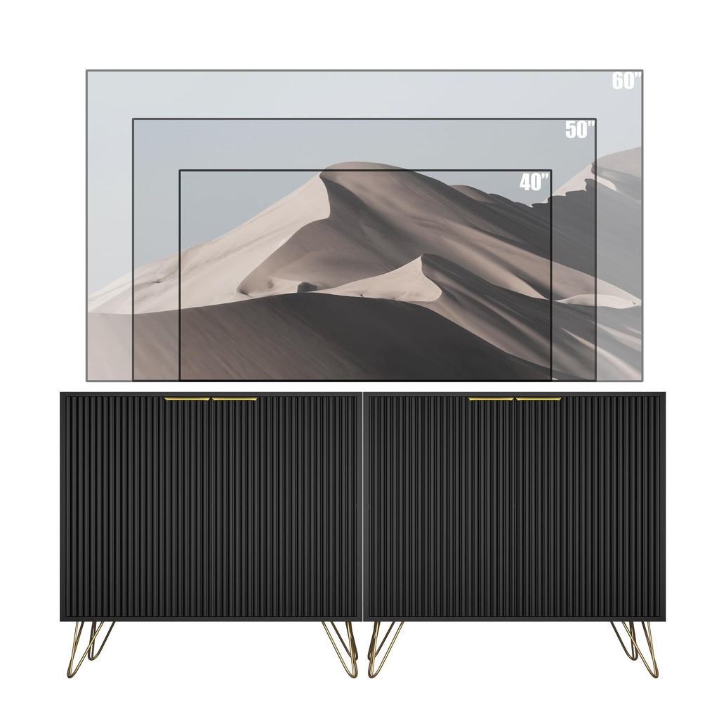 Fluted TV Stand for 63 Inch TV with 2 Storage Cabinets, Black丨Modern TV Stand, Entertainment Center with Adjustable