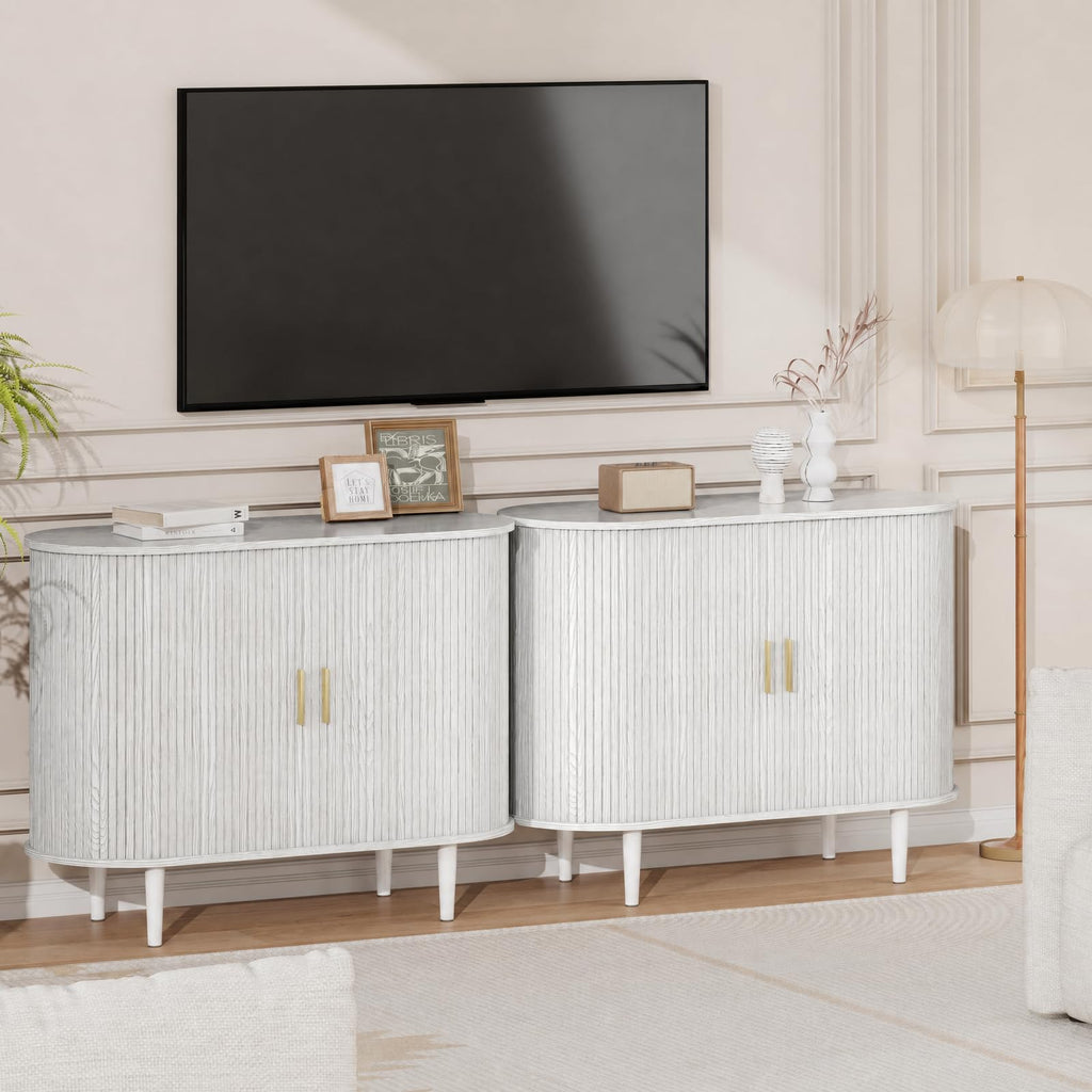 Sideboard Buffet Cabinet with Storage, 40 Inch Mid Century Modern Fluted Credenza with Sliding Door & Adjustable