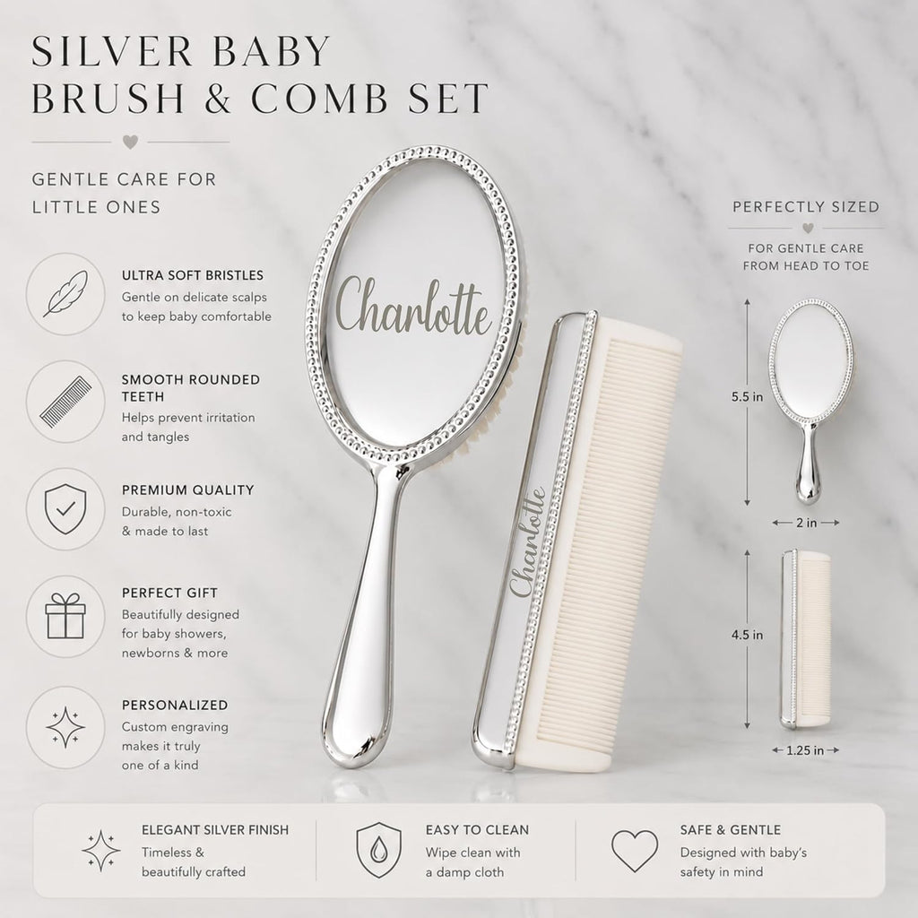 Engraved Silver-Plated Brush & Comb Set - Newborn Grooming Kit, Soft Bristle Hairbrush, Custom Baby Keepsake Gift