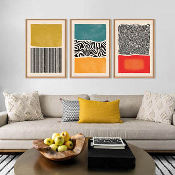 Large Mid Century Modern Wall Art Framed 16x24, Boho Abstract 3 Piece Canvas Decor, Mcm Vintage Bohemian Color Block