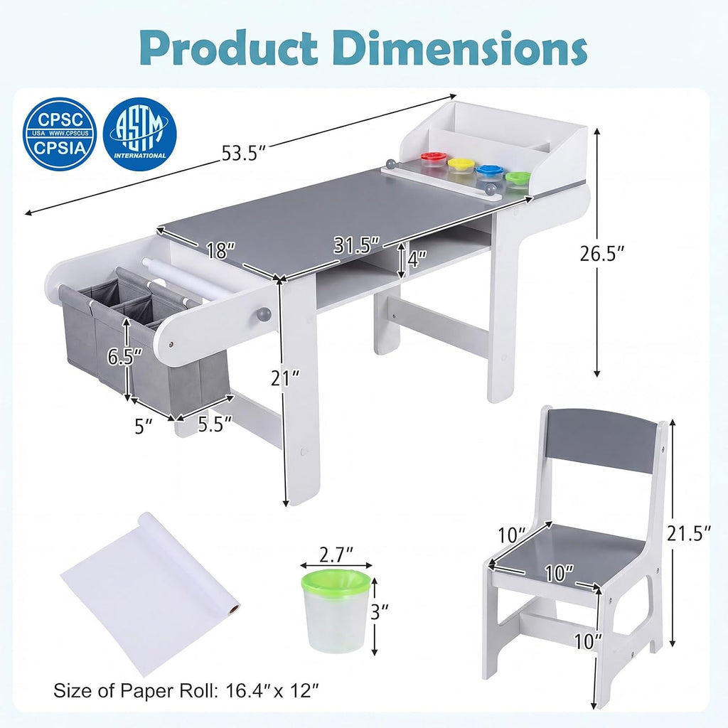 Kids Art Table and Chair Set, Wooden Craft Table with Paper Roll