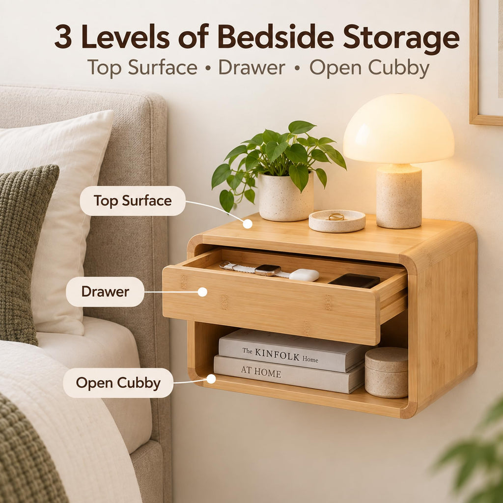Bamboo Floating Nightstand with Drawer, Wall Mounted Bedside Table, Natural