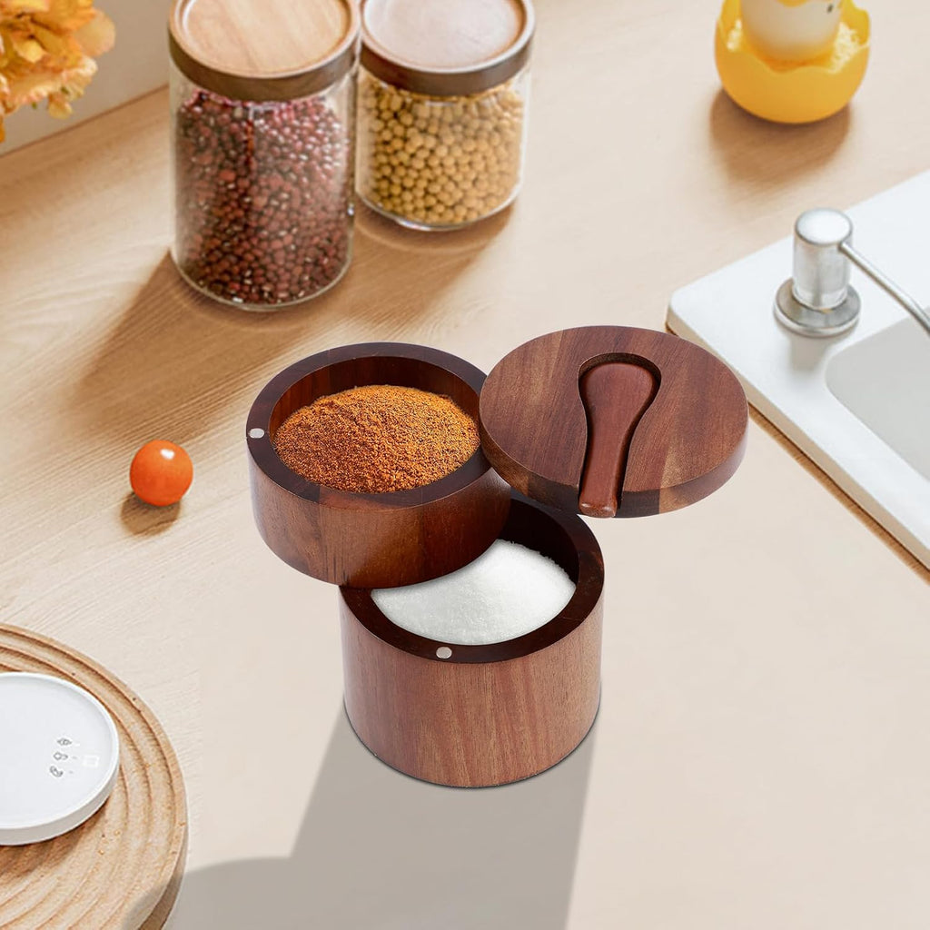 2 Layers Acacia Wood Salt and Pepper Bowl Salt and Pepper Storage Box Salt Container Salt Keeper with Built in Spoon