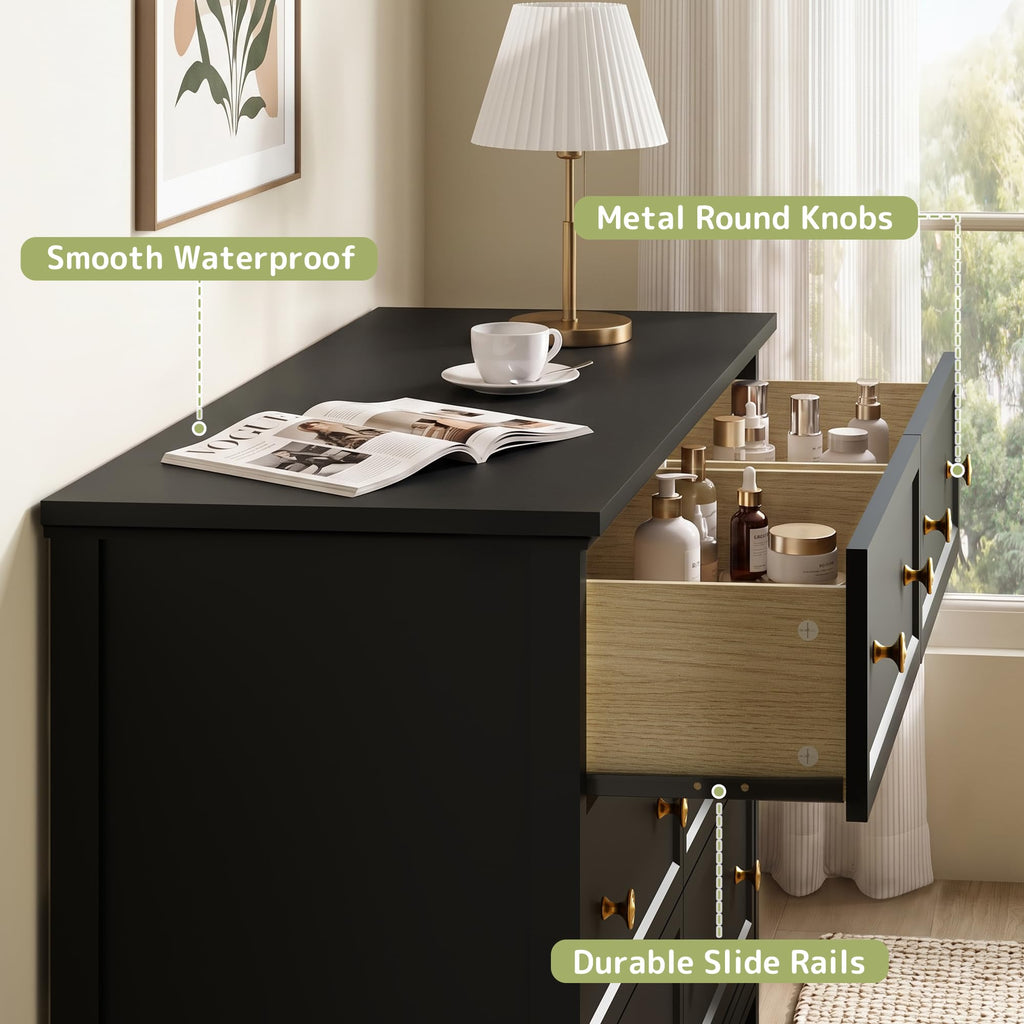 6 Drawer Black Dresser with Gold Handles, 55" Modern Dressers