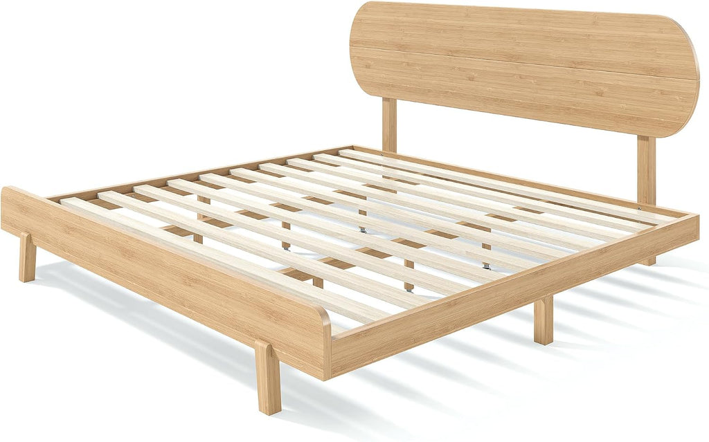 King Size Bed Frame with Headboard & Low Footboard, Bamboo King Bed Frame and Headboard with Wood Slats Support