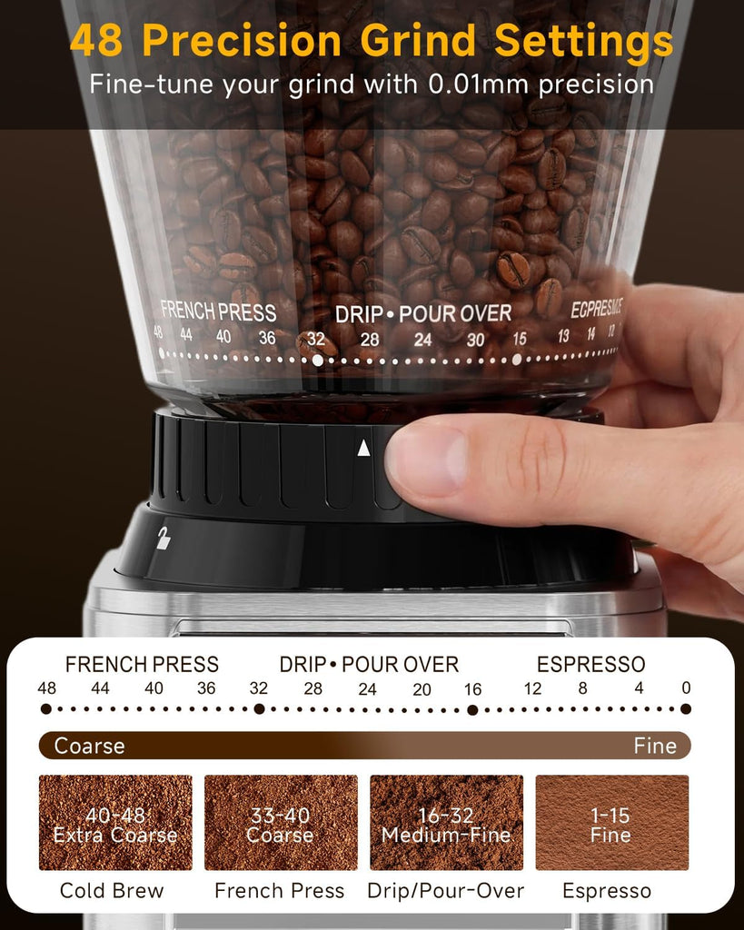 Coffee Grinder Use, Conical Burr Espresso Grinder 48 Grind | 450RPM Low-Speed Anti-Static, Precision Timer For Drip