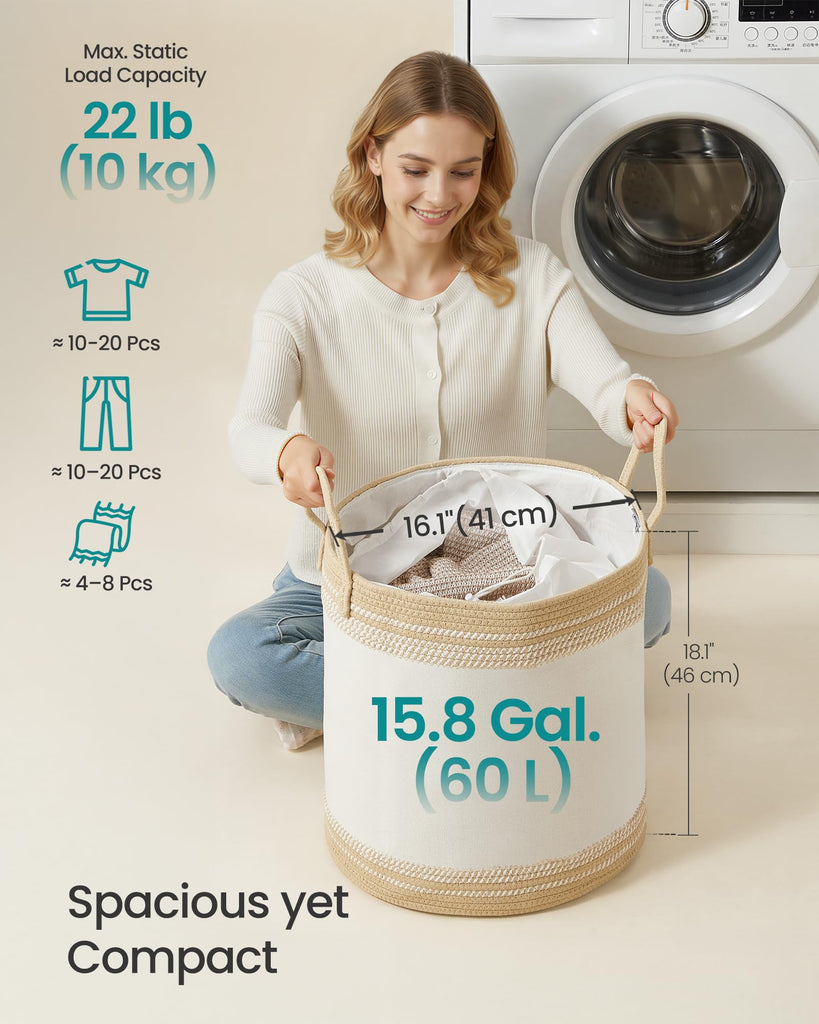 Laundry Hamper, Cotton Rope Basket with Handles, 23.8 Gallons