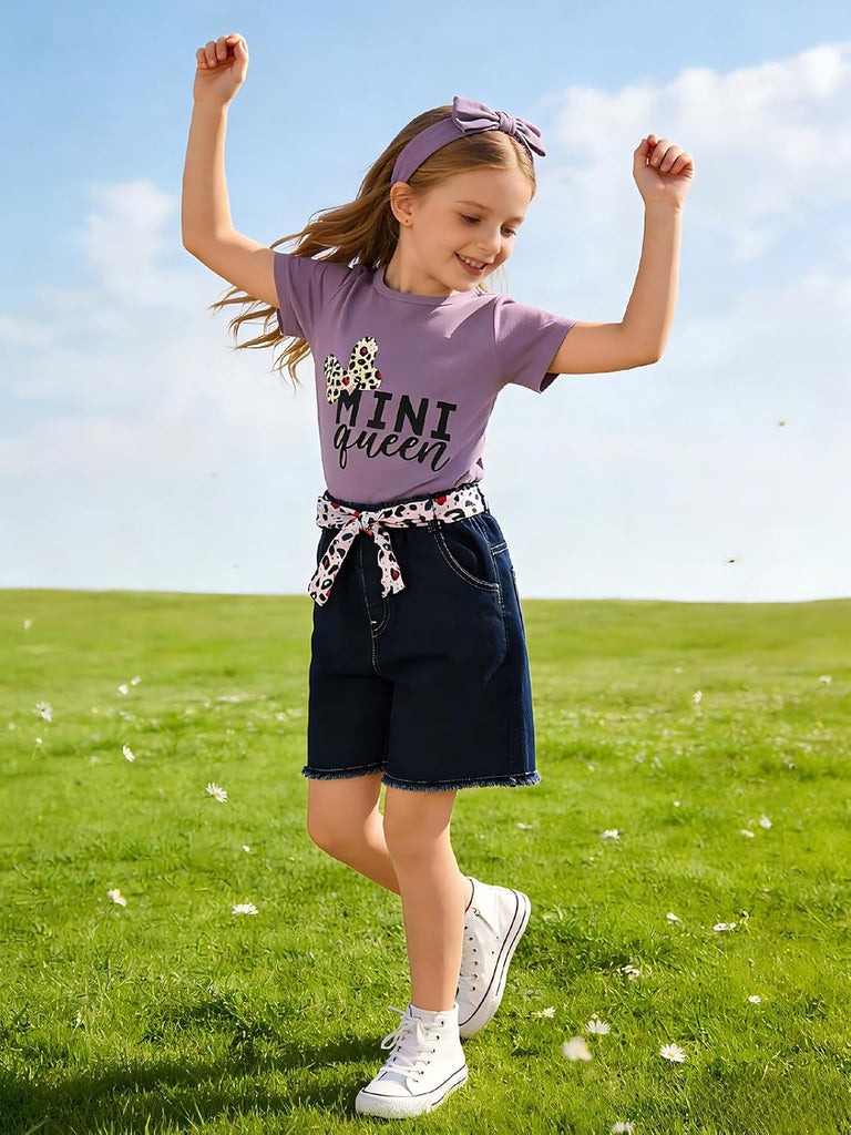 Kids Toddler Girls Summer Clothes Leopard Butterfly Print T-Shirt + Belted Denim Jeans Shorts 3PCS Outfits