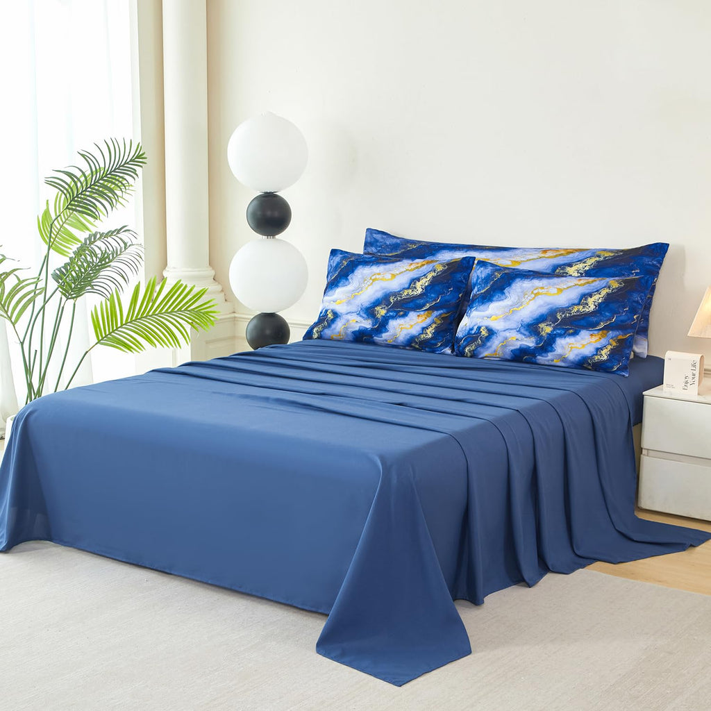 Blue Gold Bedding Set, 6 Pieces Fluffy Marble Bedding Comforter Sets for Women, All Season Soft Luxury Retro