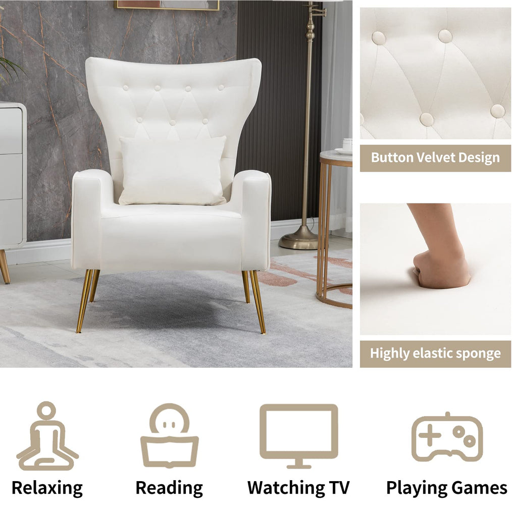 Button-Tufted Living Room Chairs, WingBack Velvet Accent Chair Armchair with Lumbar Pillow, Bedroom Chairs Arm Chair