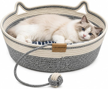 Cat Bed Basket for Indoor Cats Handwoven Cotton Rope with Cushion (Grey)