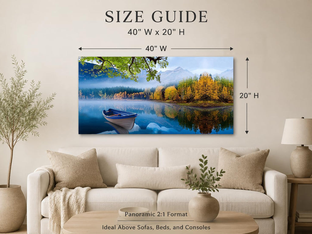 Lake Canvas Wall Art Landscape Blue Boat Painting Framed Large 40x20