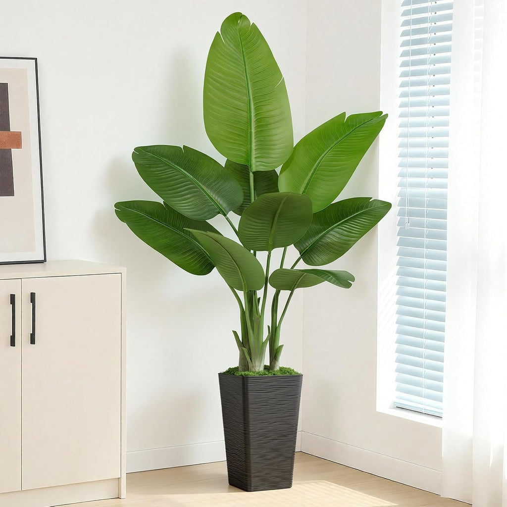 Lifelike Bird of Paradise Artificial Plant 5ft Faux Banana Leaf Tree with Black Tall Wavy-Textured Planter Decor