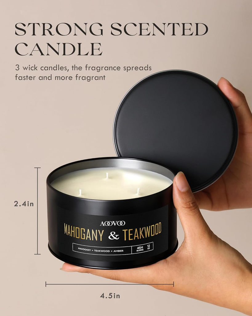 Mahogany Teakwood Candles for Men - 3 Wick 12oz Black Scented Candle - Set of 12
