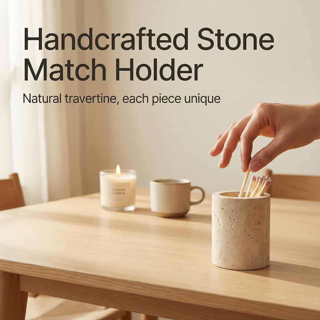 Match Holder with Striker Travertine Match Jar Decorative 2.5" x 3" Matchstick Organizer for Fireplace, Candles - Set of 3