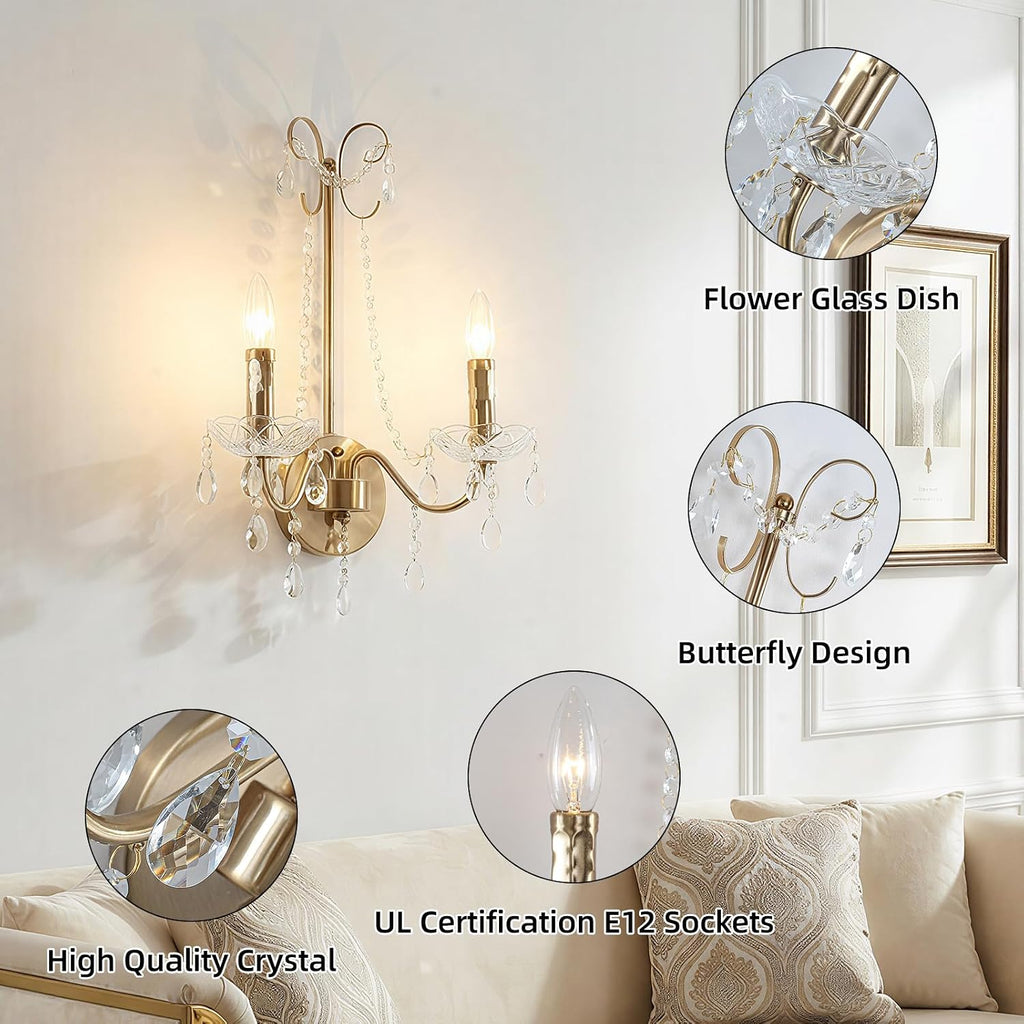 Crystal Wall Sconce Light, 2-Lights Hardwired Gold Wall Sconce with Crystal Dish Indoor Vintage Sconces Wall Lighting