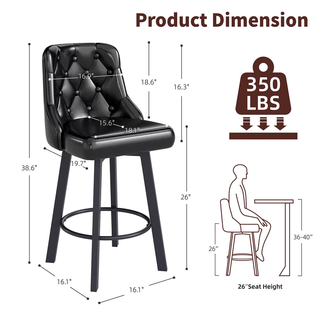 Set of 6 26" Tufted Modern Counter Height Barstools, Black