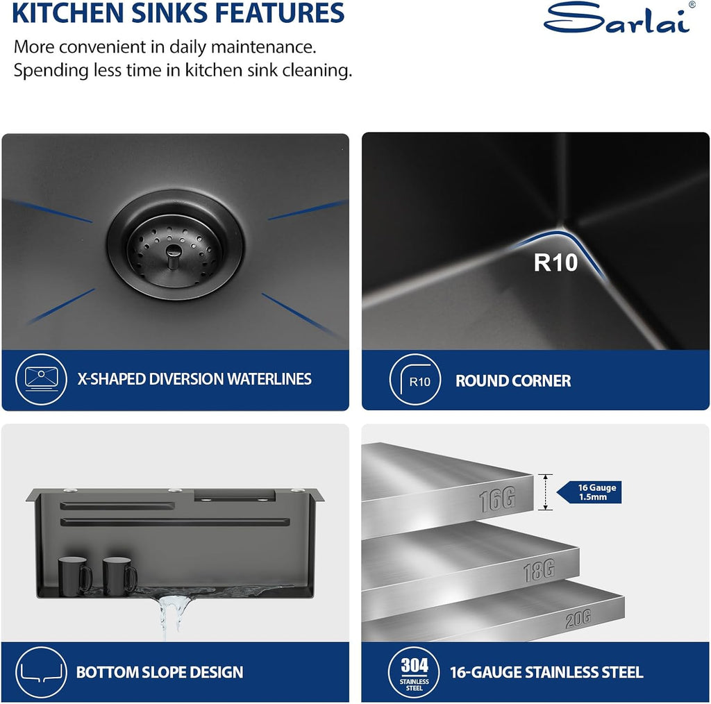 33 Inch Waterfall Kitchen Sink - 33x19 Black Waterfall Drop In Sink Workstation Stainless Steel 16 Gauge Sink