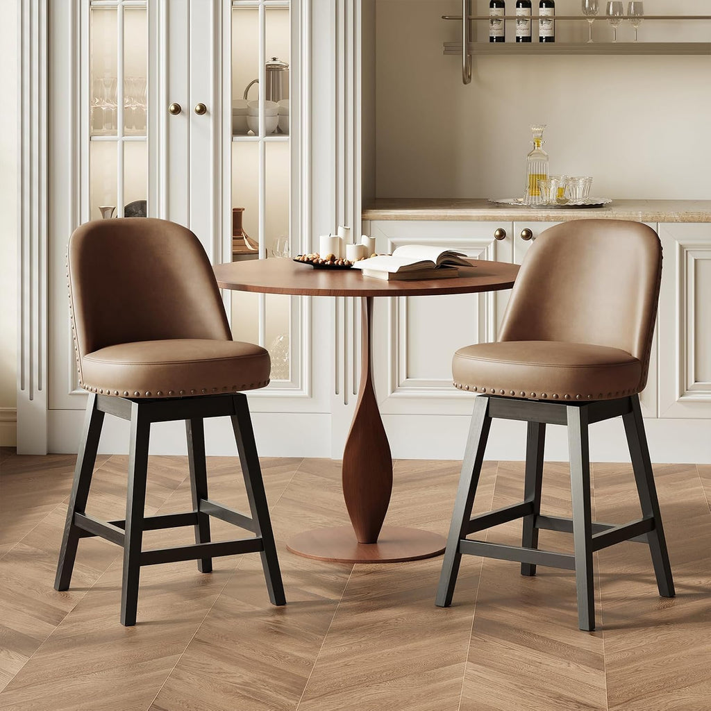 Swivel Bar Stools Set of 2, PU Leather Mid Century Mondern Barstools, 26 inch Counter Height Bar Chairs with Solid