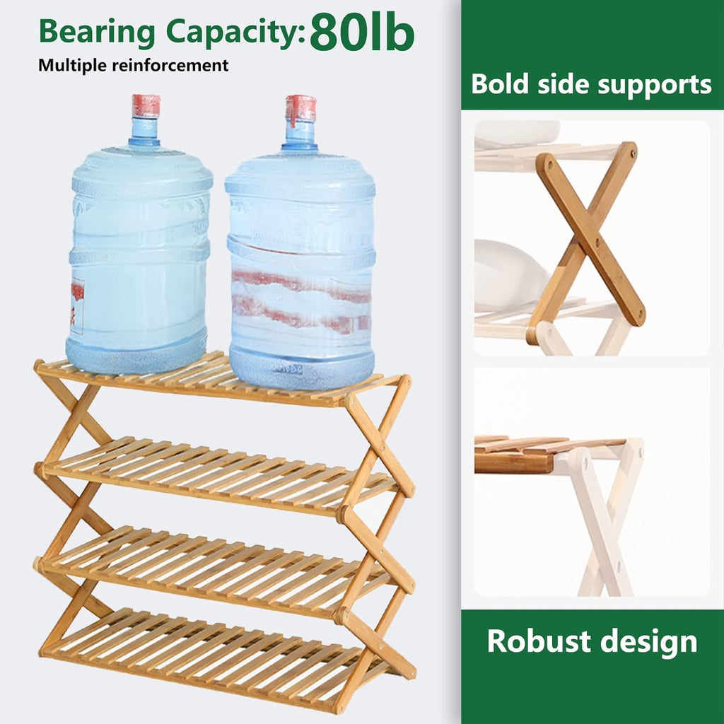 4 Tier Bamboo Shoe Rack, Portable Folding Shoe Storage Rack, Without Installation Small Shoe Rack Perfect for