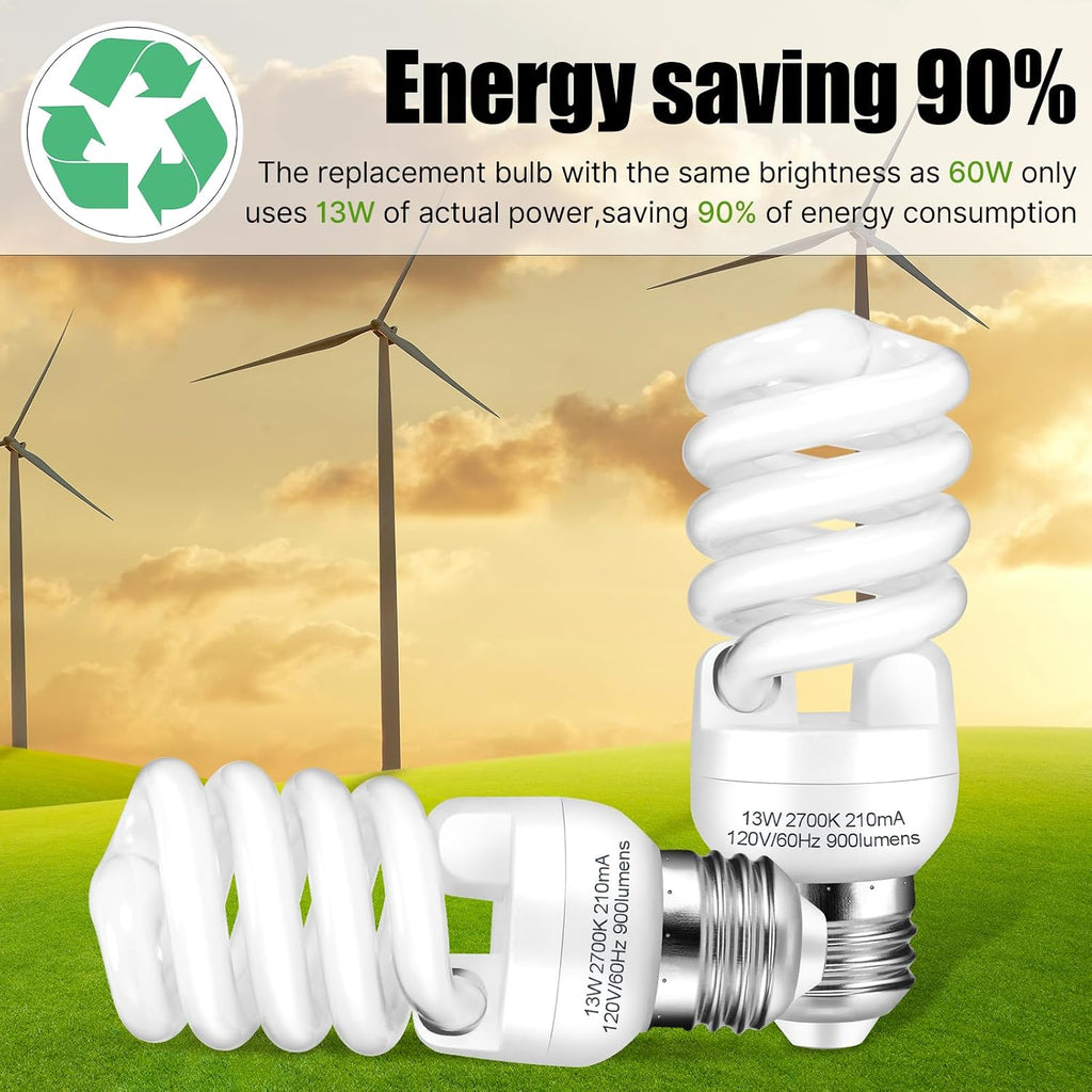 CFL Light Bulbs E26 Base T2 Spiral 13W 2700K Warm White
