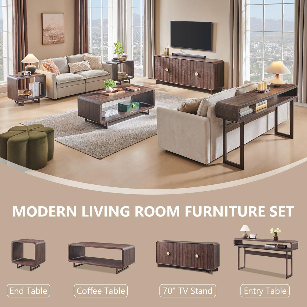 70" Modern TV Stand with Storage, Wood Curved TV Console, Dark Walnut