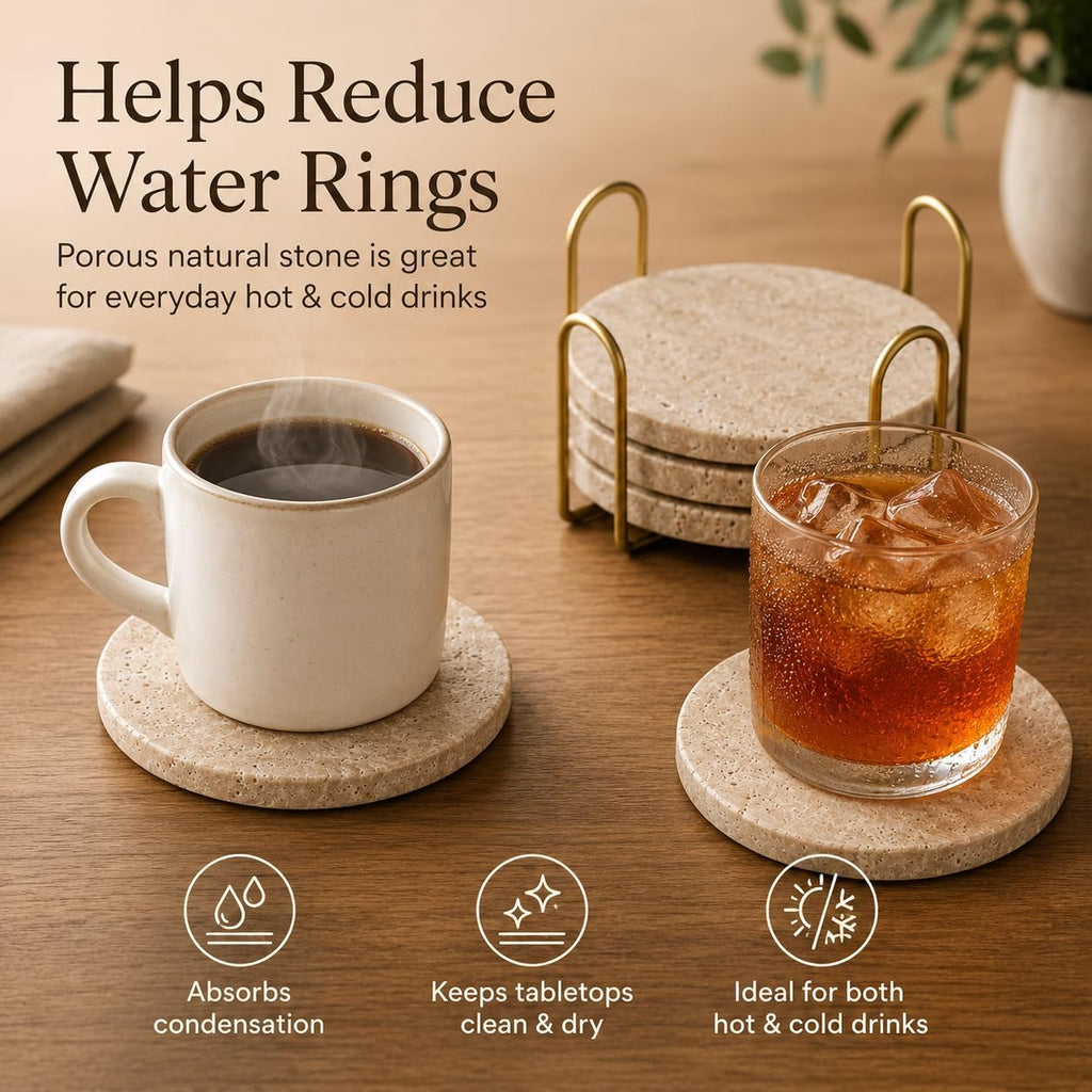 Travertine Coasters with Gold Holder Natural Stone, Cork Backing - Set of 4