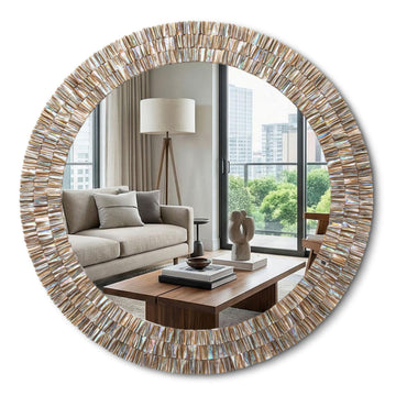 Large 30 Inch Round Capiz Shell Mirror Coastal Seashell Wall Decor