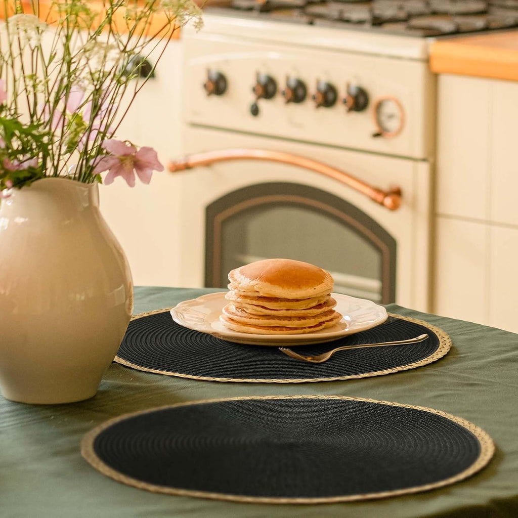 Round Placemats, Woven Table Mats, Thin Edge, Black - Set of 8