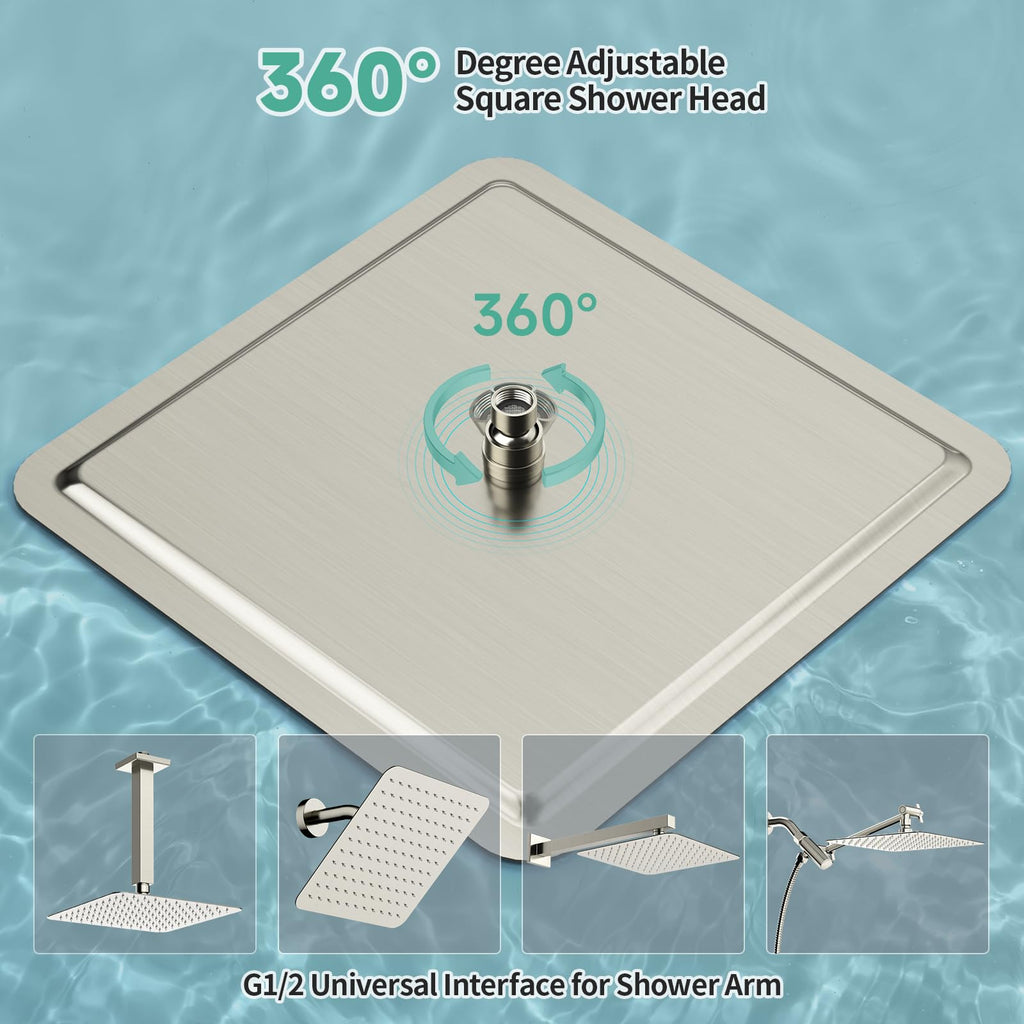 16 Inch Extra Large Rain Shower Head Brushed Nickel 304 Stainless Steel High Pressure Rainfall Showerhead Ultra Thin