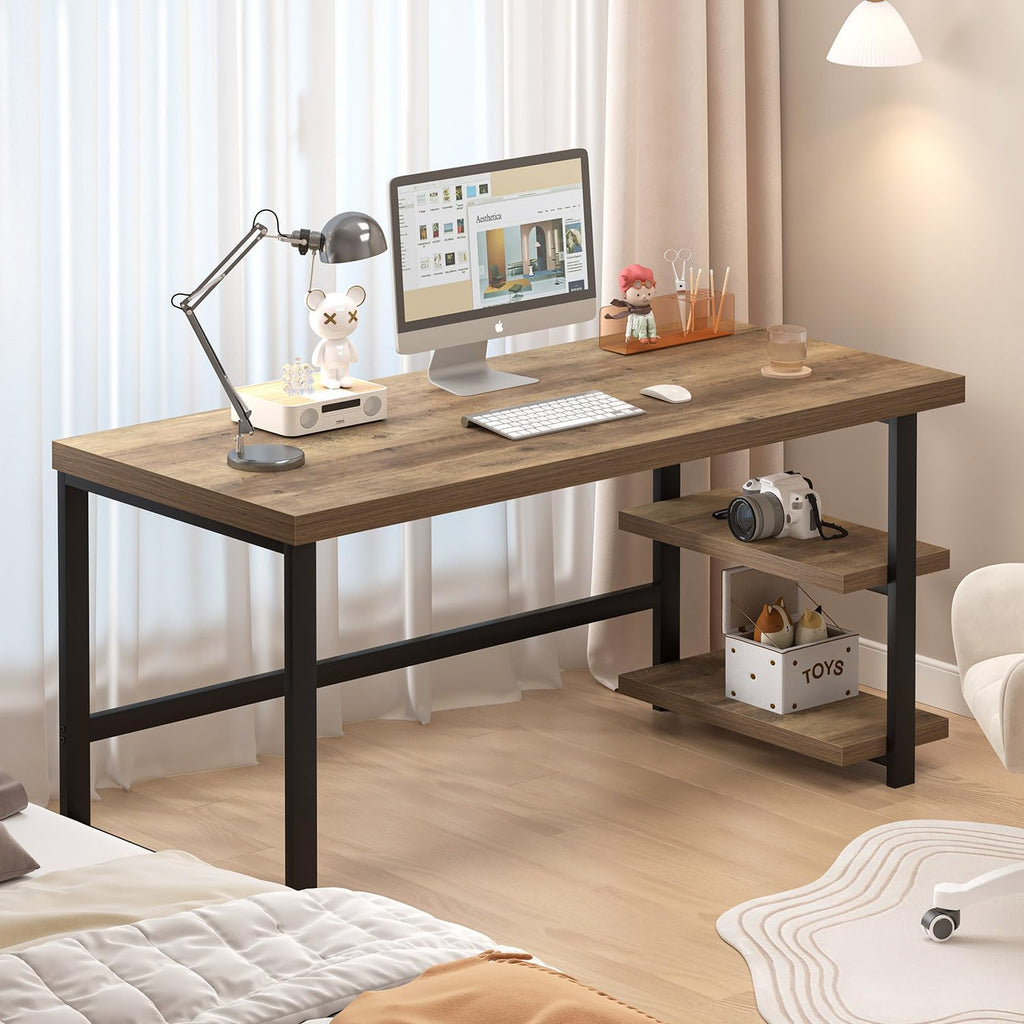 60 Inch Home Office Desk, Large Computer Desk with Storage Shelves, Modern Wood and Metal Writing Study Gaming Table
