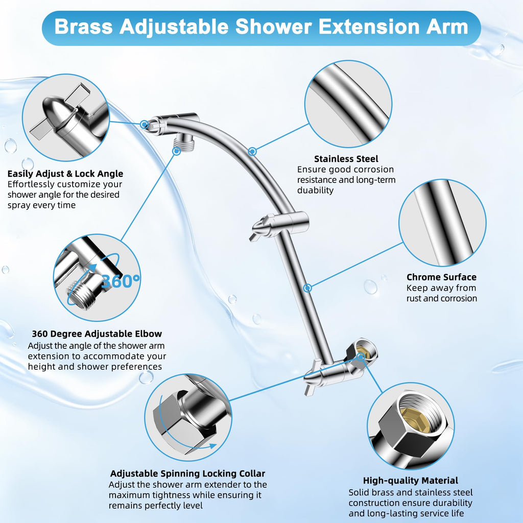 All Metal 16'' Shower Head Extension Arm, Chrome