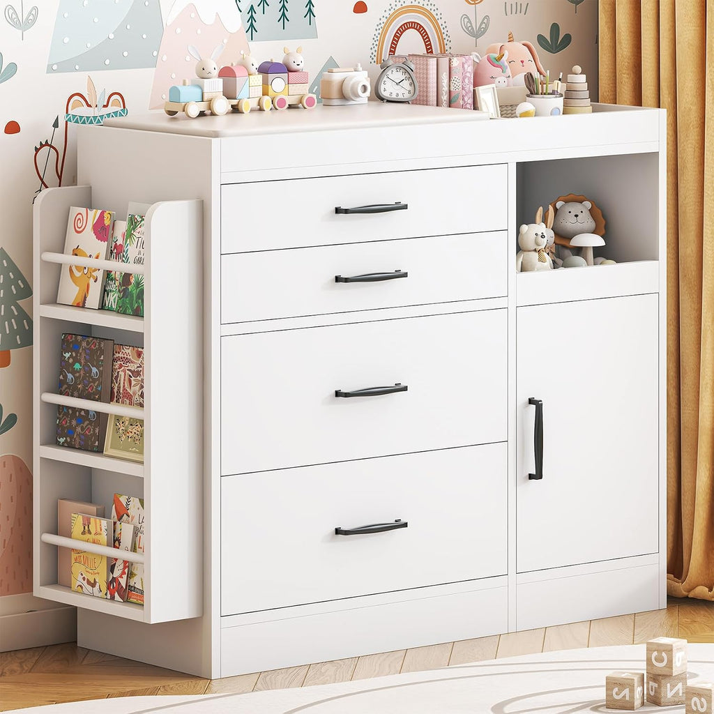 Changing Table Dresser, Baby Nursery Dresser with 4 Drawers & 1 Cabinet & 3 Open Shelves Storage, Modern Diaper