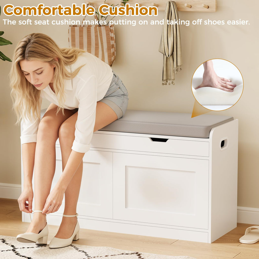2-Tier Storage Bench, 39.4" Wide Shoe Bench with Lift-Up Top, Shoe Storage Bench with Cushion, Shoe Cabinet with