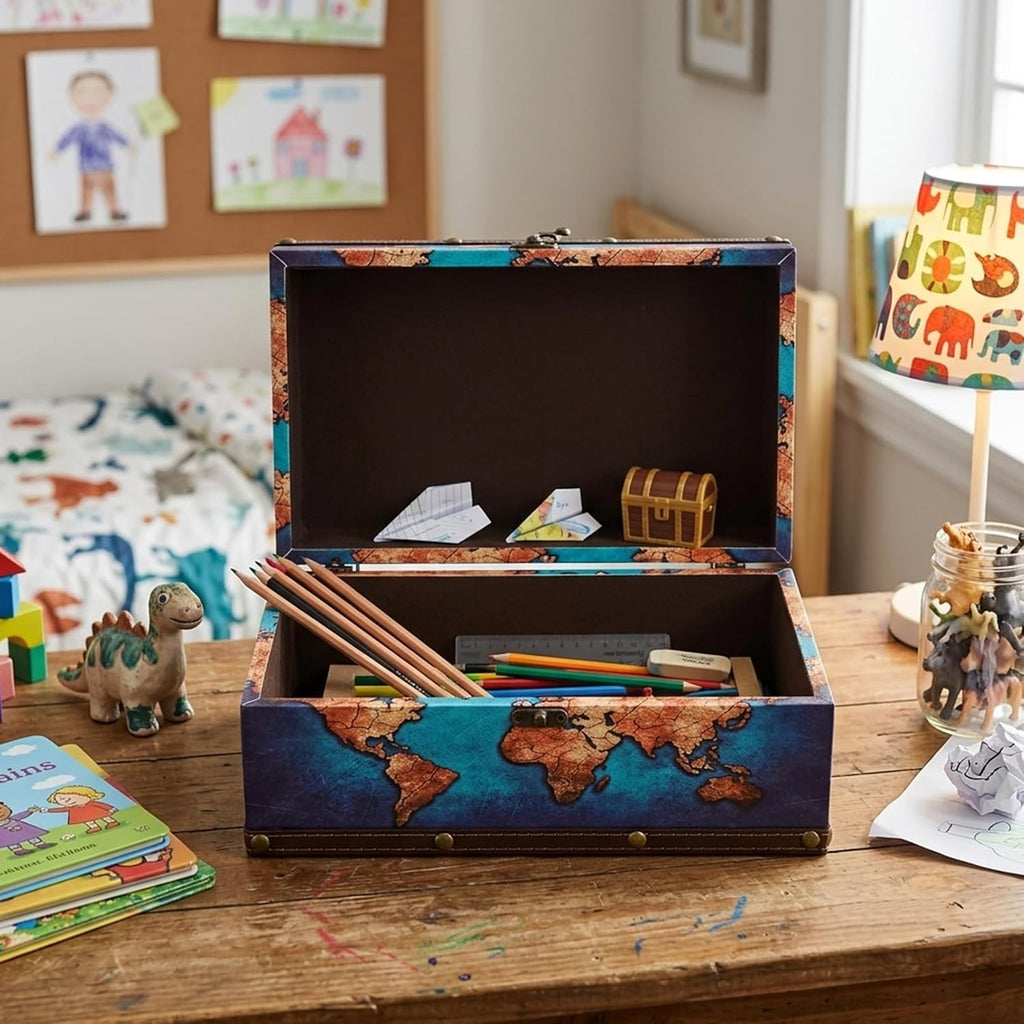 Small Wooden Organizer Storage Box, 11''L Decorative Blue Map